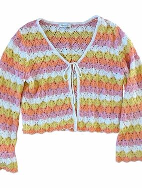 Women’s Medium Francescas Cardigan Boho Crochet Knit Pastel Bell Sleeve Sweater